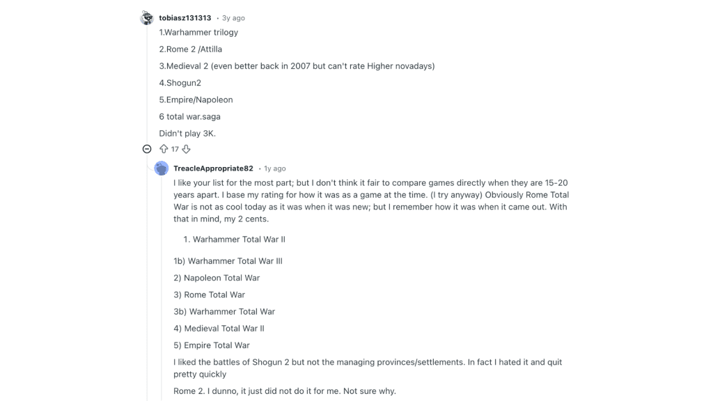 community rankings total war games