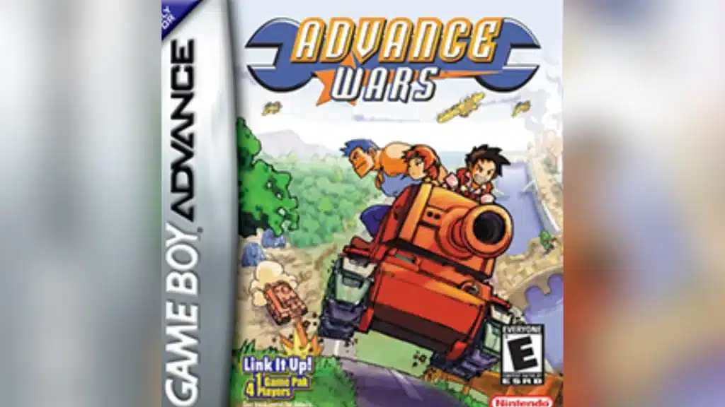 Advance Wars GBA cover art featuring Andy Max and Sami riding an orange tank