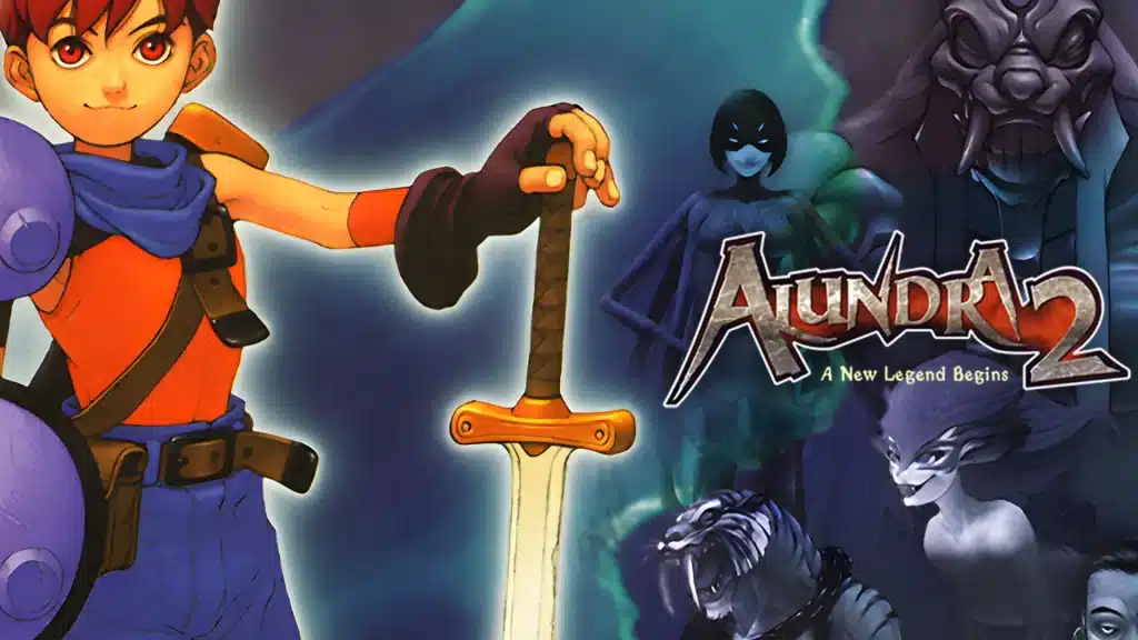 Alundra 2 artwork showing main hero holding a sword with enemies and characters in the background