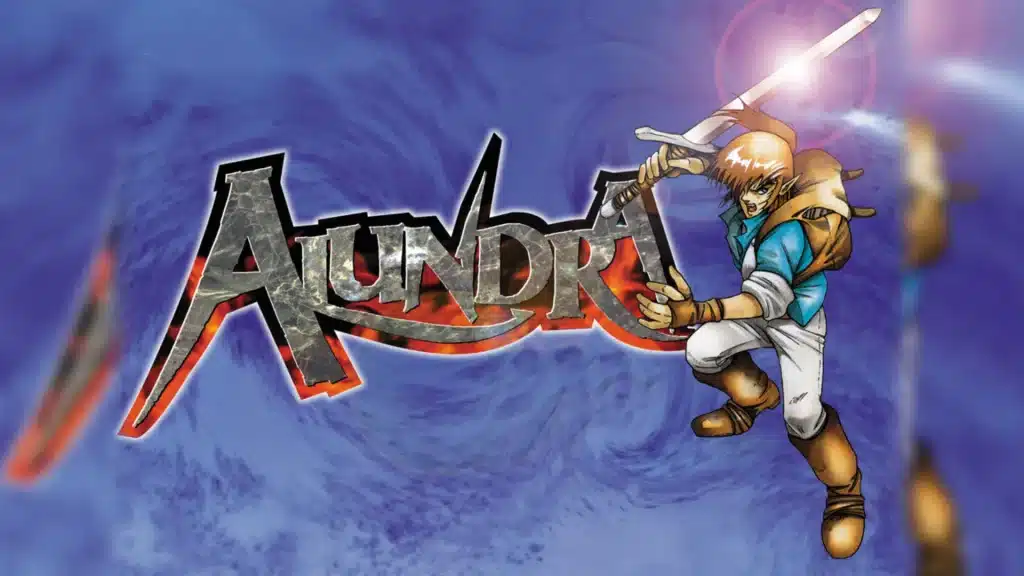 Alundra artwork with main character holding a sword mid action, set against a swirling blue background