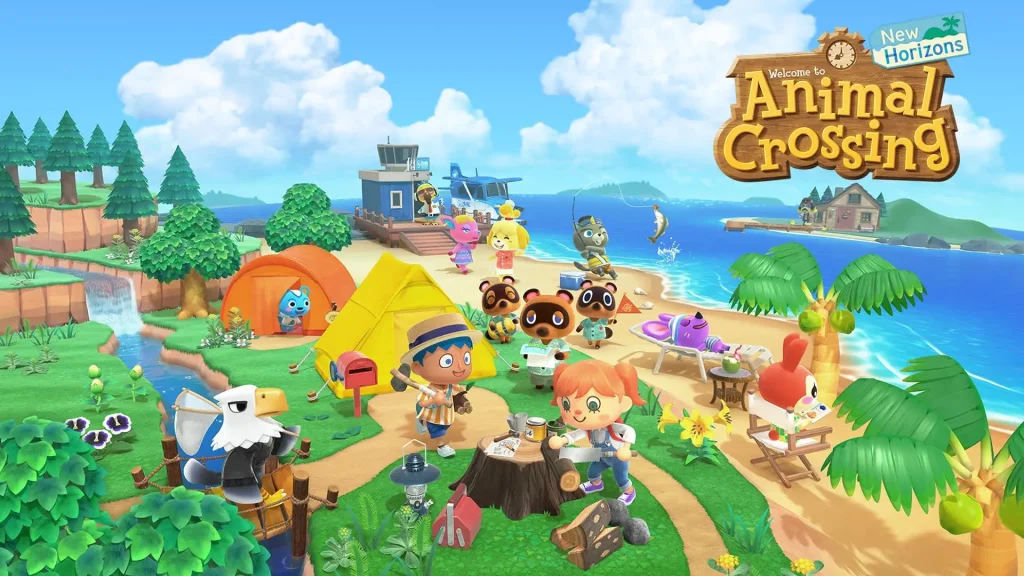 Animal Crossing New Horizons island scene with villagers, tents, beach, trees, and ocean activities