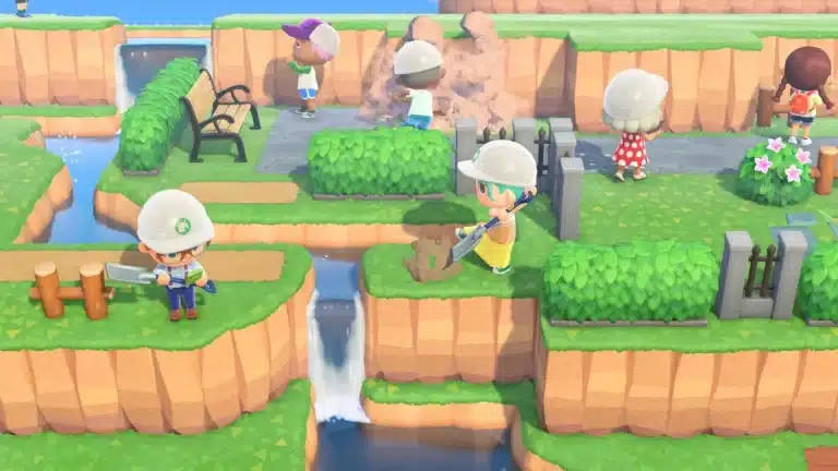 Animal Crossing players shaping terrain with tools, building paths and cliffs near a waterfall on a customized island- Game Informer