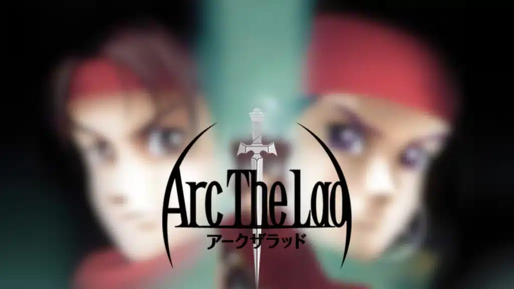 Arc the lad artwork showing three main characters with close-up portraits and a central hero in a red scarf against a dark background