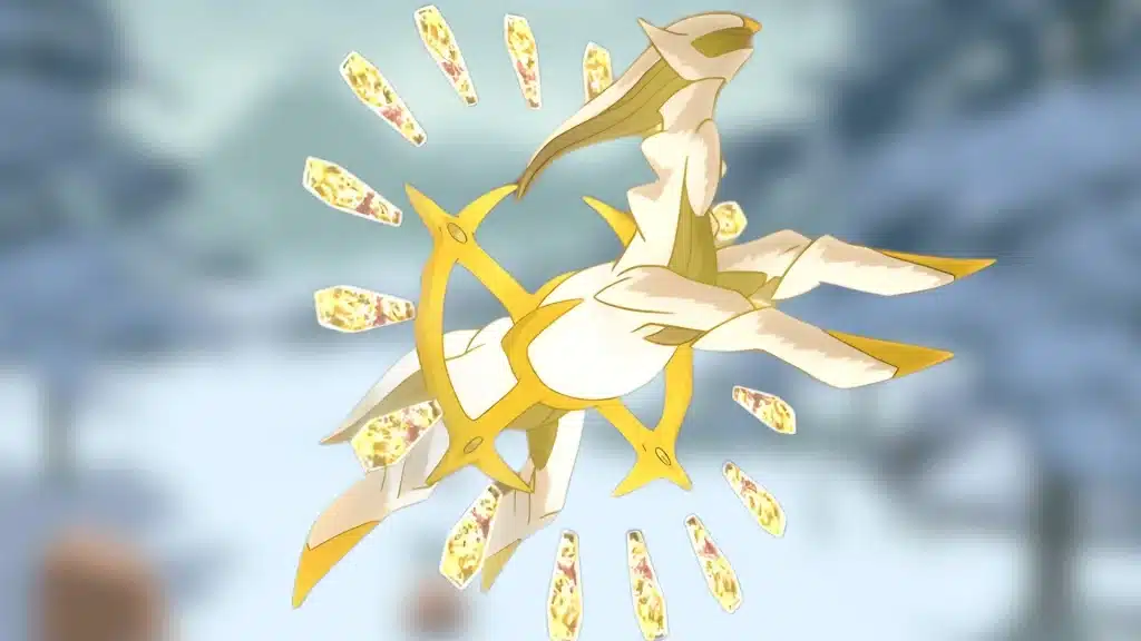 Arceus in its divine form surrounded by glowing plates, showing its role as the creator Pokemon in the series