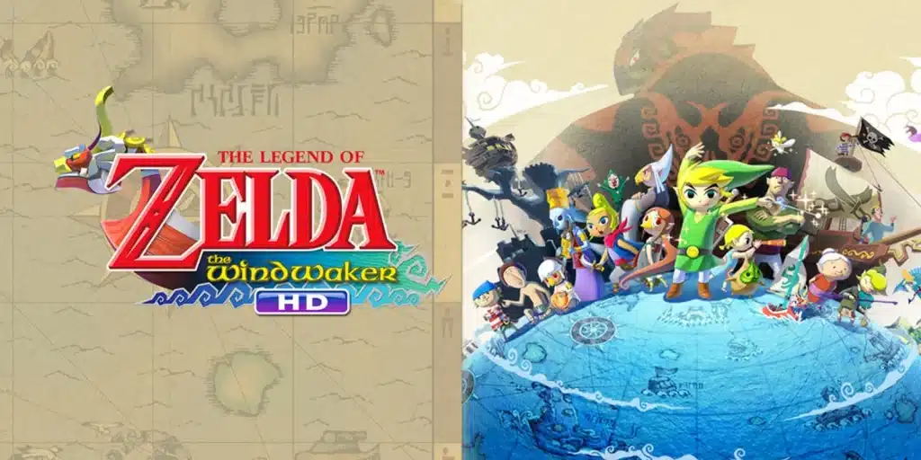 Artwork of The Legend of Zelda Wind Waker HD showing Link and characters on ocean with map background