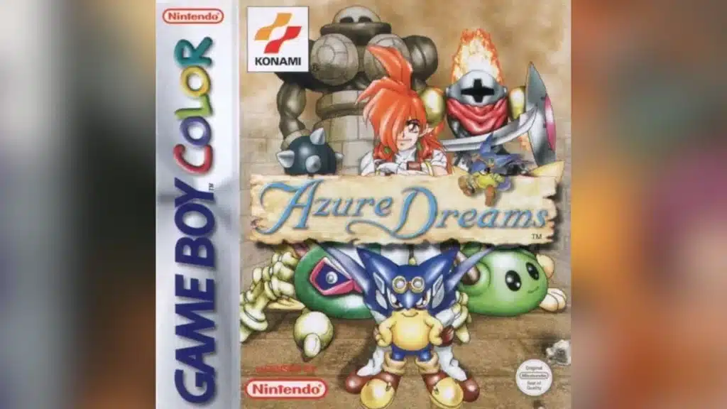 Azure Dreams Game Boy Color cover showing anime characters and monsters with Konami and Nintendo branding