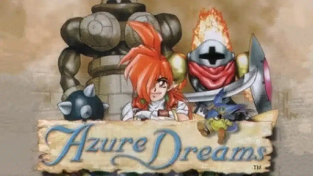 Azure Dreams artwork with main character facing a tower and a small creature sitting nearby, with the game title across the center