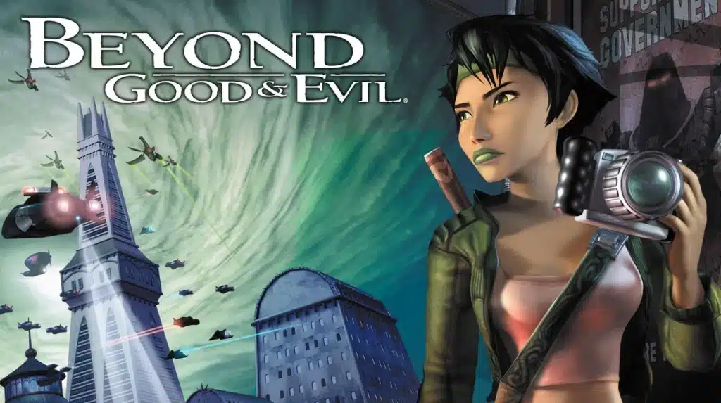 Beyond Good and Evil cover art showing Jade holding camera with city skyline and flying ships in background