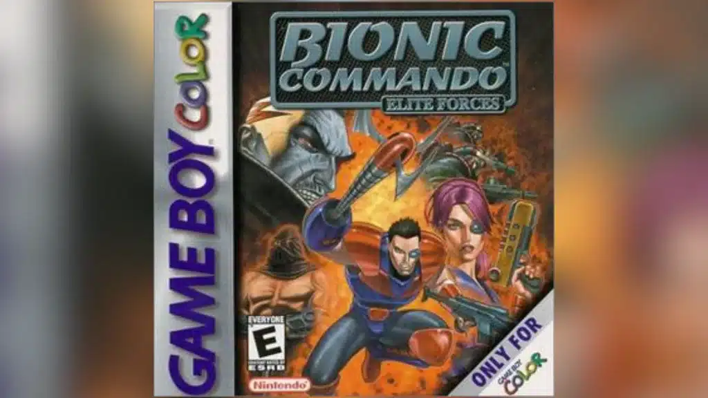 Bionic Commando Elite Forces Game Boy Color cover showing three action heroes with a villain and explosions behind them