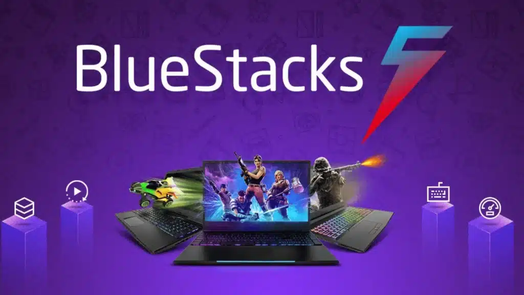 BlueStacks 5 emulator displayed on laptops with gaming visuals, featuring Fortnite-style characters and performance icons on a purple background