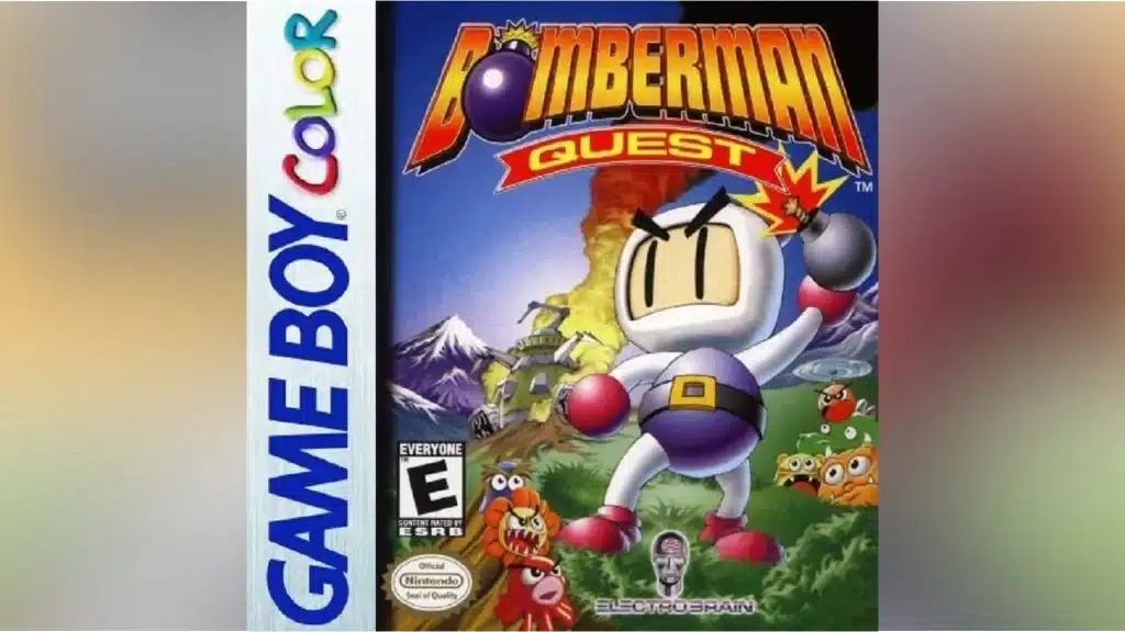 Bomberman Quest Game Boy Color cover showing Bomberman holding a bomb with monsters and a volcano behind him