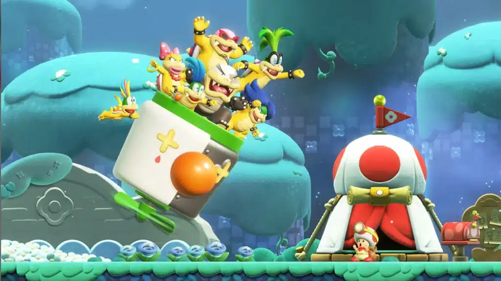 Bowser Jr and Koopalings ride in a clown car toward a Toad house in a colorful Super Mario Bros Wonder level