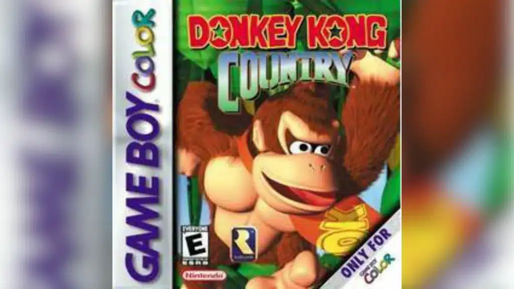 Box cover of Donkey Kong Country for Game Boy Color featuring Donkey Kong swinging through a jungle, with Nintendo branding and ESRB rating