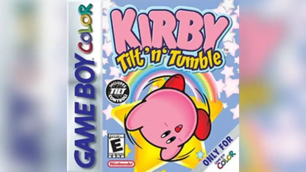 Box cover of Kirby Tilt ‘n’ Tumble for Game Boy Color showing Kirby tumbling forward with a colorful rainbow background and Nintendo branding