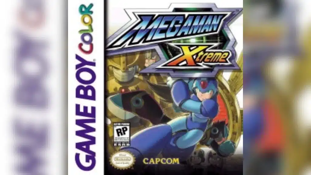 Box cover of Mega Man Xtreme for Game Boy Color featuring Mega Man in a dynamic pose with futuristic background and CAPCOM logo