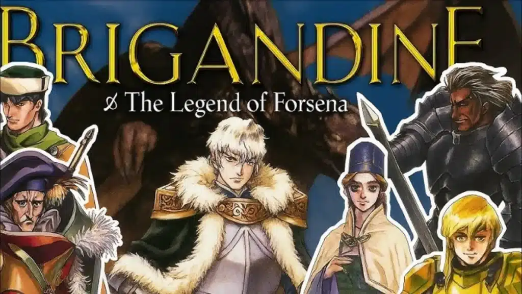 Brigandine The Legend of Forsena artwork with multiple rulers and warriors, featuring fantasy armor, and weapons