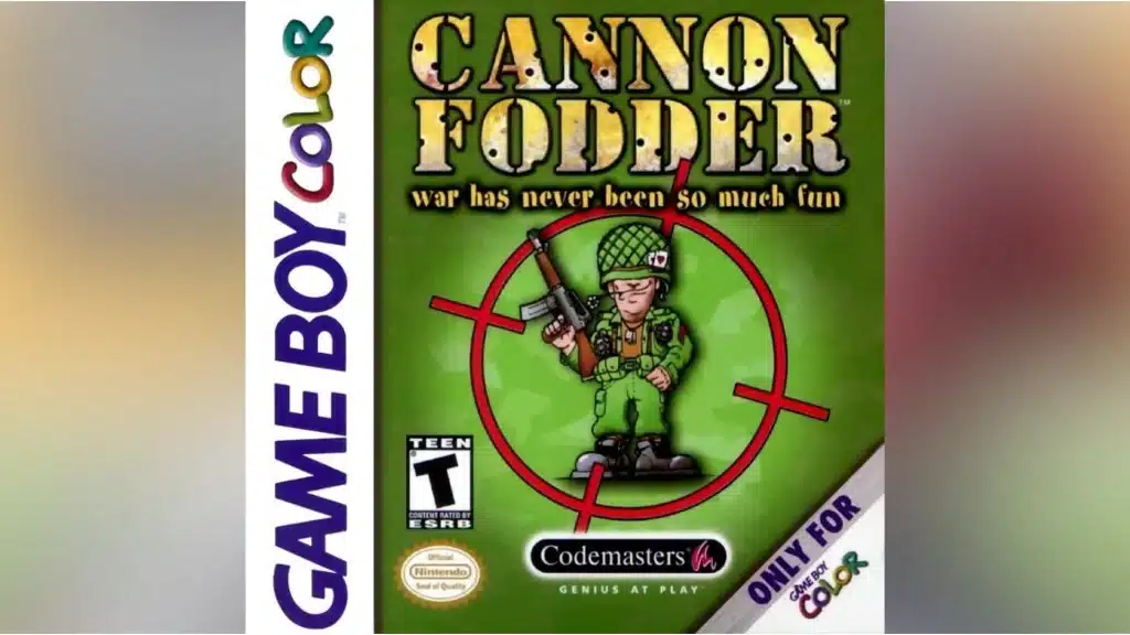 Cannon Fodder Game Boy Color cover showing a cartoon soldier inside a red target on a green background