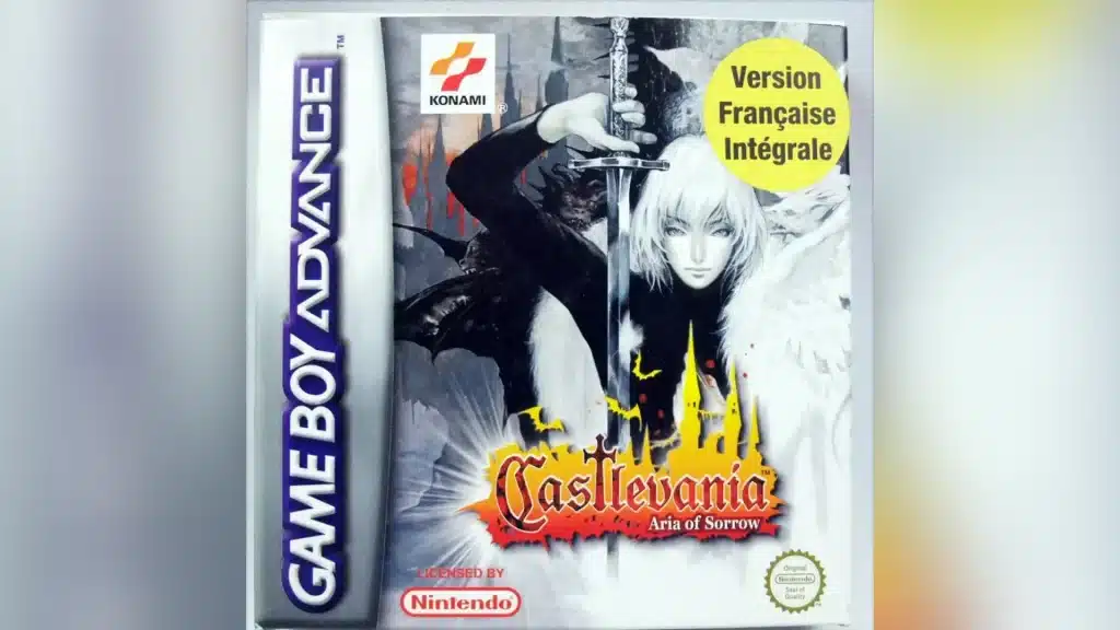 Castlevania Aria of Sorrow GBA box art featuring Soma Cruz holding a sword with a yellow sticker on the cover