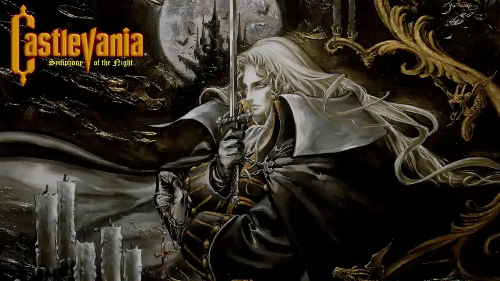 Castlevania Symphony of the Night artwork with Alucard holding a sword, long hair flowing, and a gothic castle under a full moon