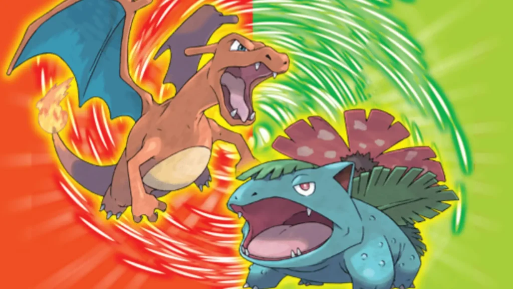 _Charizard and Venusaur facing off with fiery and leafy energy effects in dynamic battle artwork