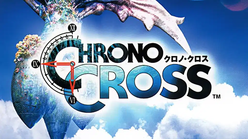 Chrono Cross logo with clock design and ocean sky background, featuring a stylized dragon and bright blue clouds