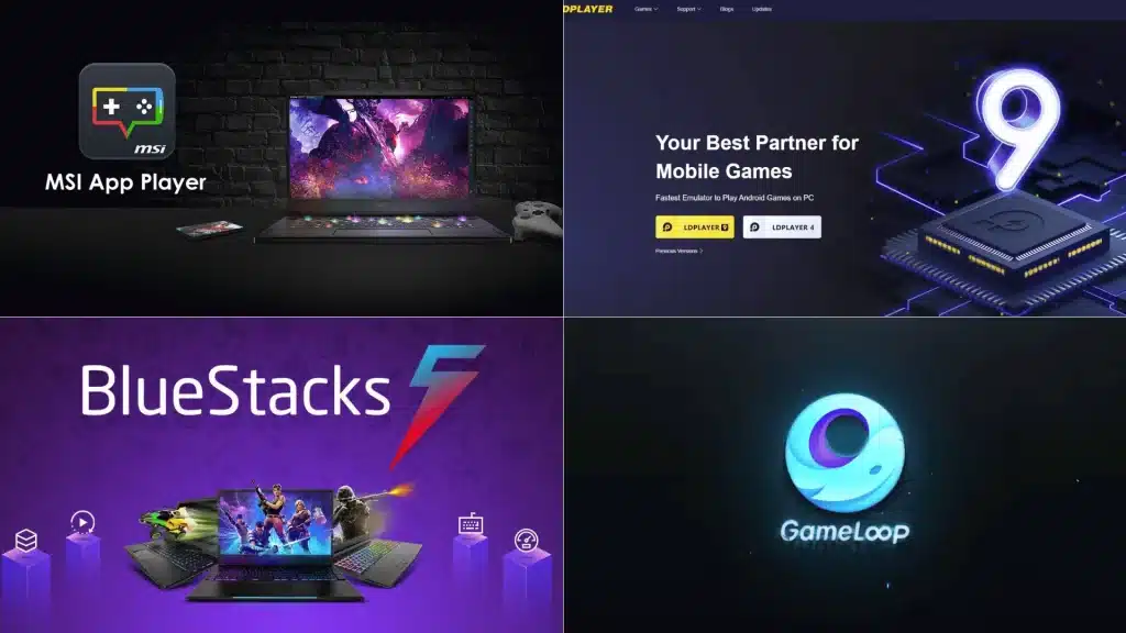 Collage of Android emulators including MSI App Player, LDPlayer, BlueStacks, and GameLoop interfaces on PC