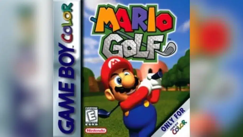 Colorful golf game scene with cartoon characters on a bright course, featuring a golfer swinging, vibrant greens, and playful background elements
