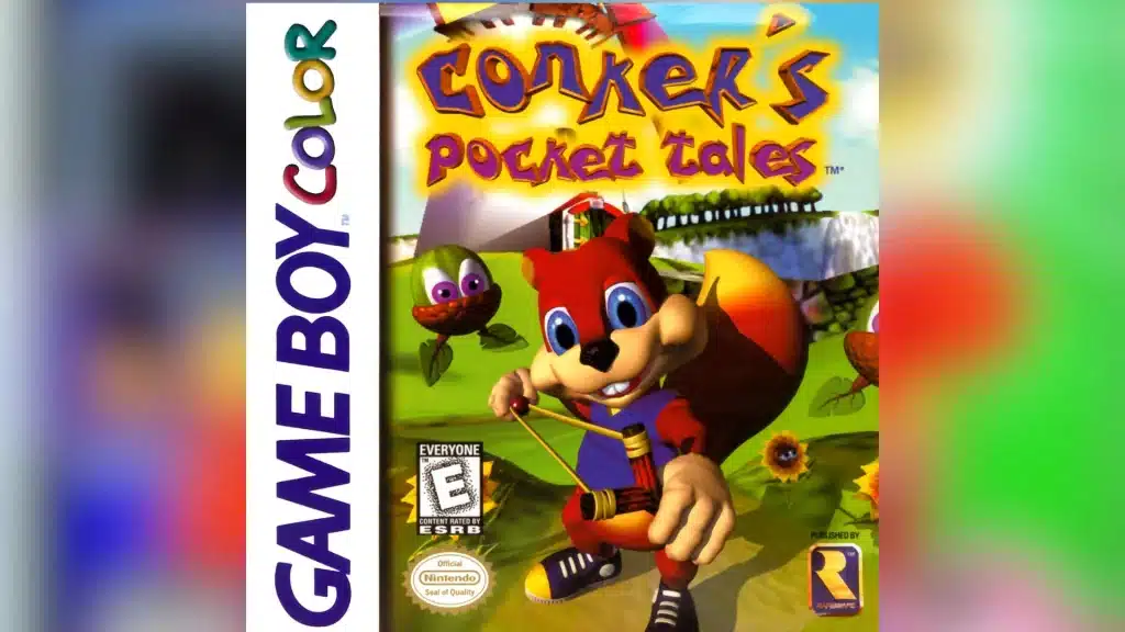Conker’s Pocket Tales Game Boy Color cover showing Conker holding a slingshot in a colorful landscape with acorn creatures and a windmill in the background
