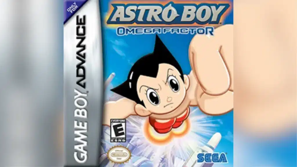 Cover art for Astro Boy Omega Factor on Game Boy Advance showing Astro Boy flying forward with a determined expression