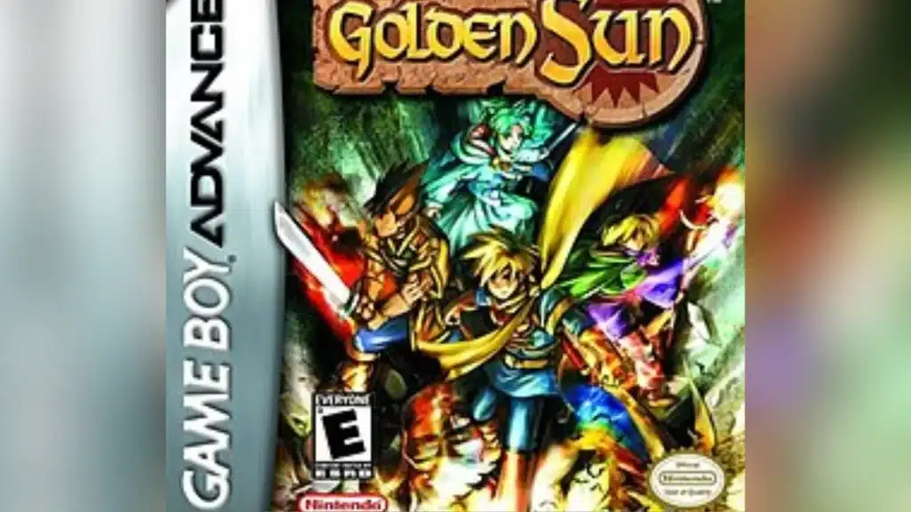 Cover art for Golden Sun on Game Boy Advance featuring the four main protagonists Isaac Garet Ivan and Mia