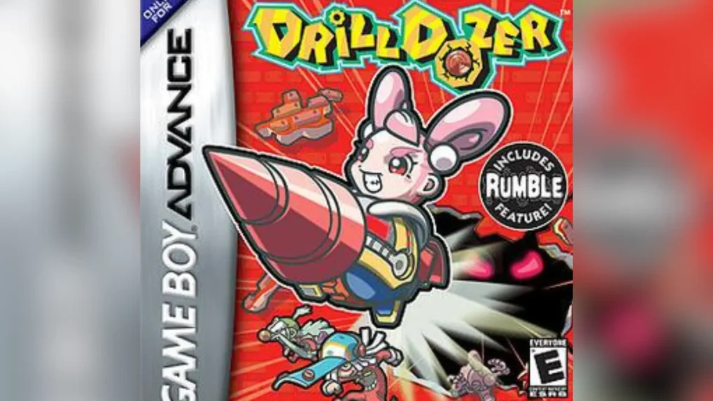 Cover art for the Game Boy Advance game Drill Dozer, featuring a pink-haired girl piloting a red drill machine