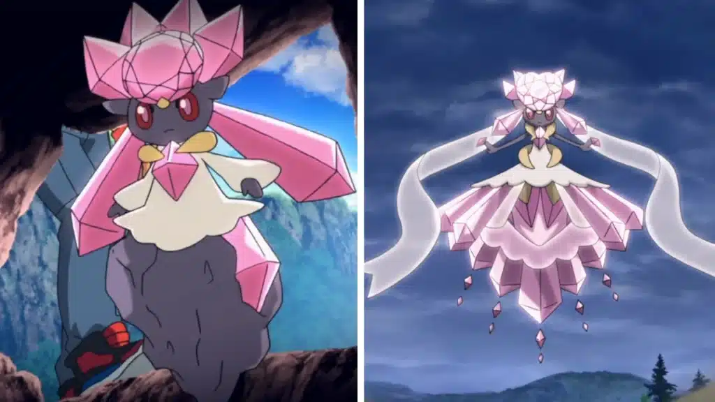 Diancie and Mega Diancie shown side by side, highlighting its transformation into a stronger Fairy and Rock type for