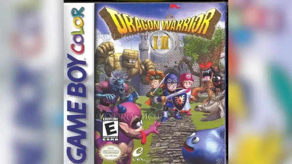 Dragon Warrior I and II Game Boy Color cover showing heroes and monsters near a castle gate