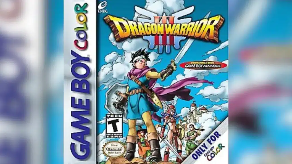 Dragon Warrior III Game Boy Color cover showing a sword-wielding hero and party beneath a cloudy sky