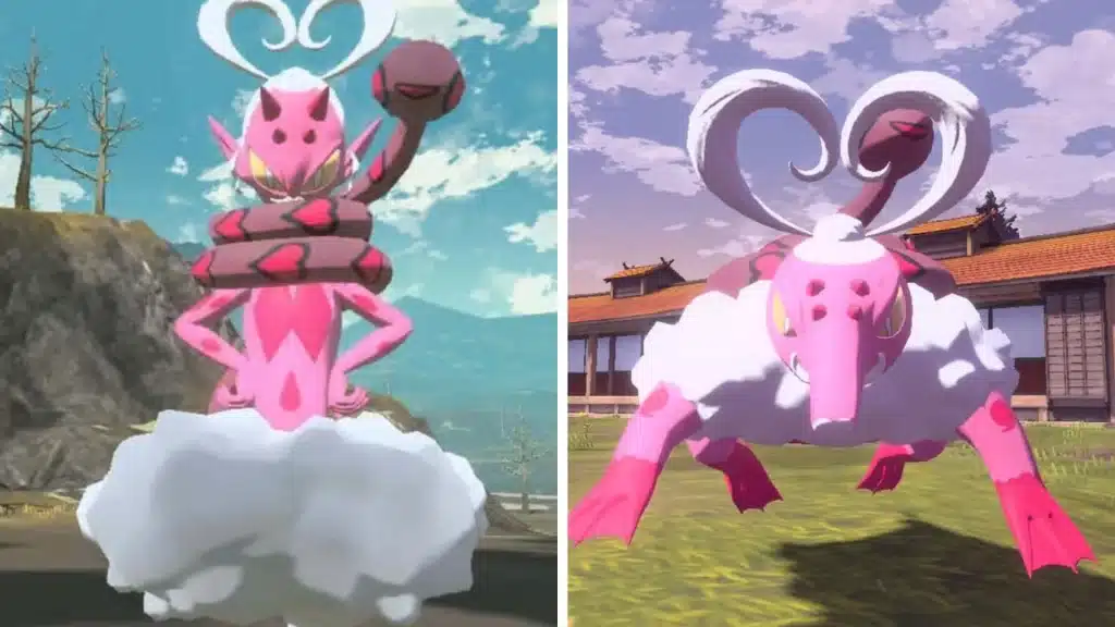 Enamorus Incarnate Forme and Therian Forme shown side by side, highlighting its Fairy and Flying type forms