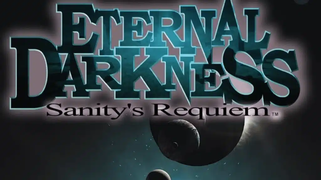 Eternal Darkness Sanity’s Requiem logo with dark space background and planets creating eerie mood