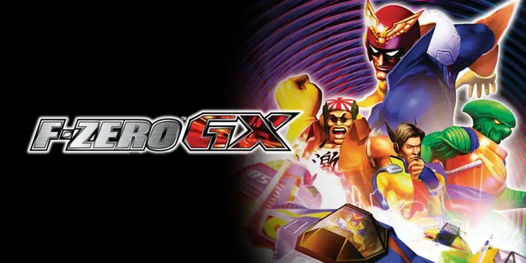 F Zero GX artwork showing Captain Falcon and racers with futuristic vehicles and high speed racing theme