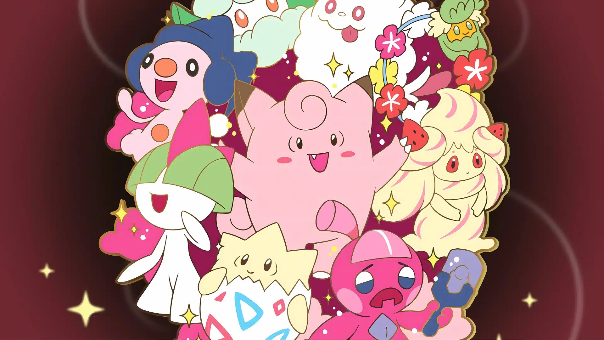 Fairy type Pokemon including Clefairy, Sylveon, Togepi, and Ralts in a colorful group illustration with bright magical theme