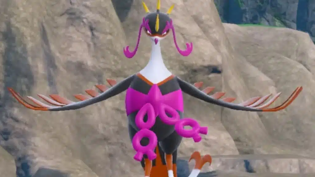 Fezandipiti standing with wings spread, showing its Fairy and Fighting type design in the Pokemon Scarlet and Violet DLC