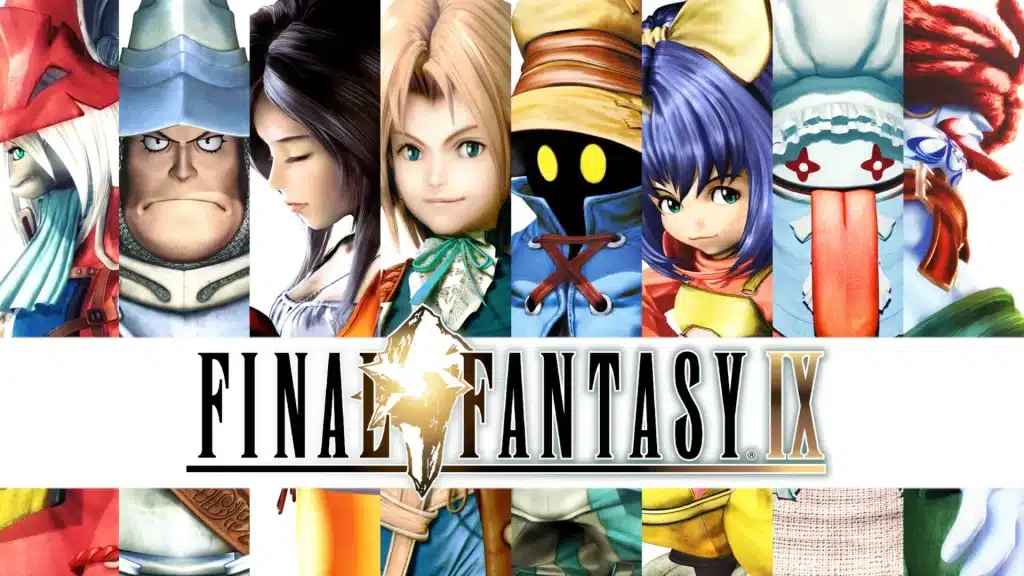 Final Fantasy IX logo with main characters lineup in vertical panels showing faces and iconic outfits
