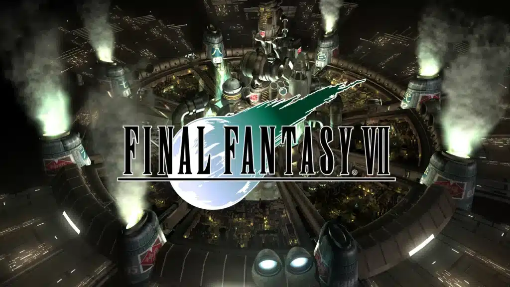 Final Fantasy VII logo over Midgar city with reactors glowing and smoke rising in a dark industrial setting