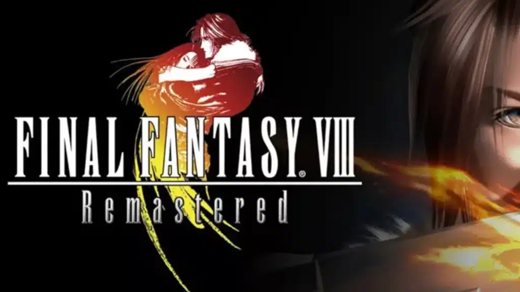 Final Fantasy VIII Remastered artwork showing Squall with gunblade and glowing lion emblem alongside the game title