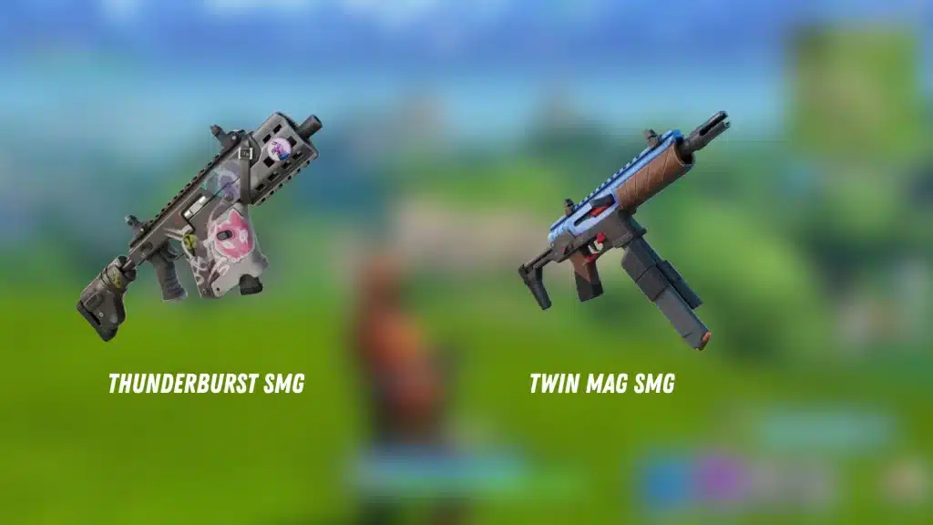 Fortnite SMG comparison showing Thunderburst SMG and Twin Mag SMG over a blurred gameplay background