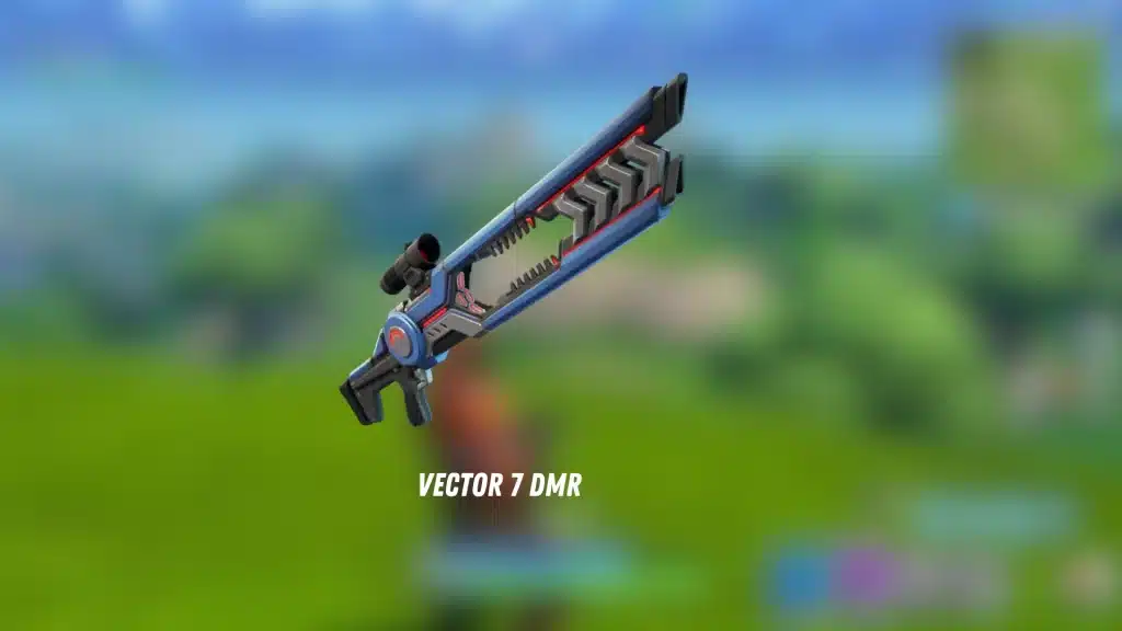 Fortnite Vector 7 DMR weapon shown over a blurred gameplay background for long range combat guidance