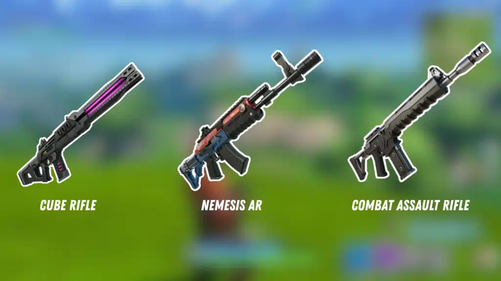 Fortnite assault rifle comparison showing Cube Rifle, Nemesis AR, and Combat Assault Rifle over a blurred gameplay background