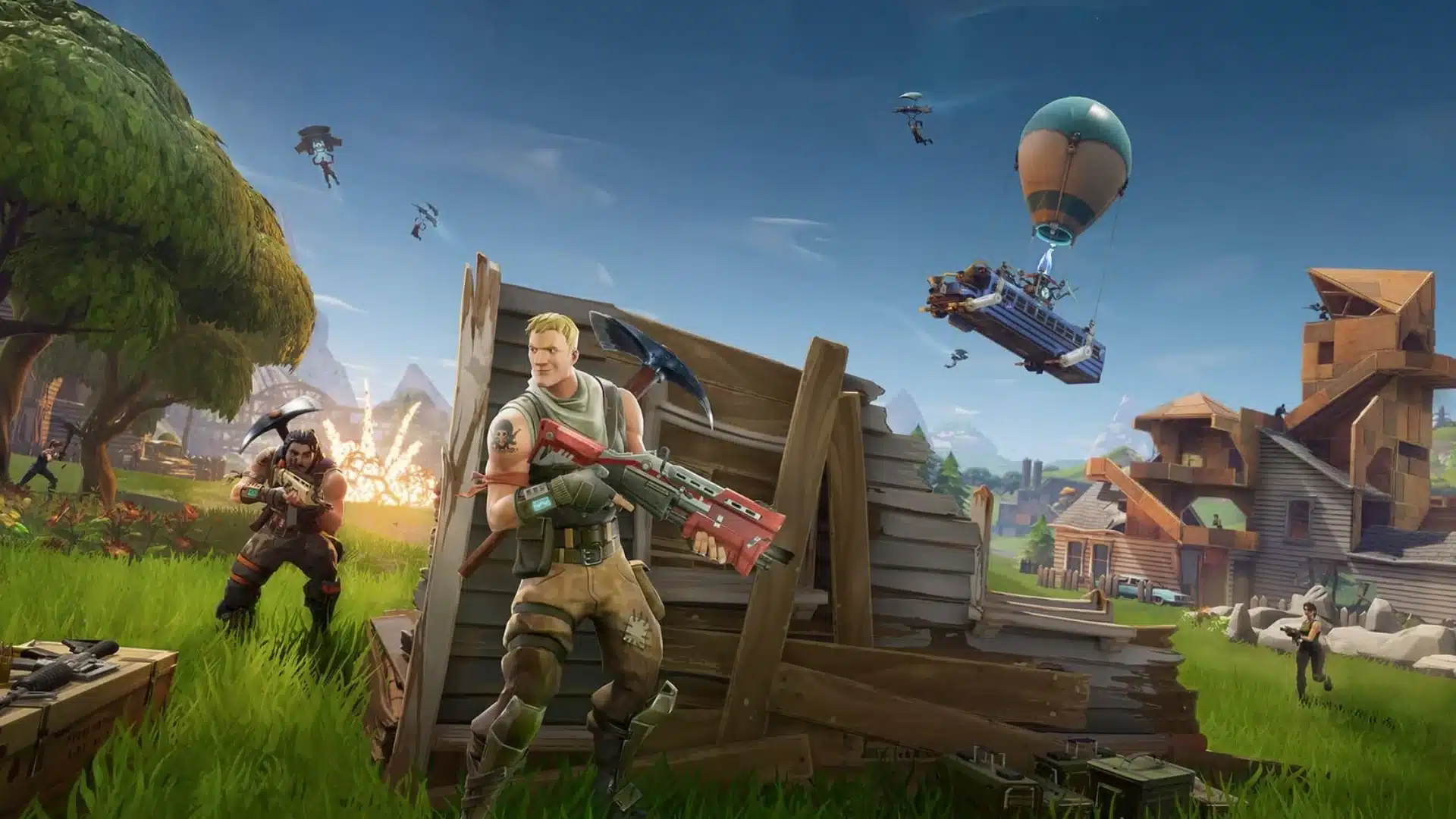 Fortnite battle scene with armed players, wooden cover, gliders, and the battle bus in the sky