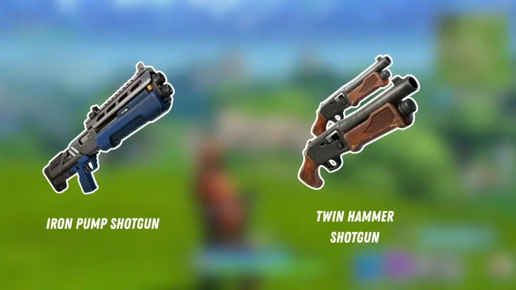 Fortnite shotgun comparison showing Iron Pump Shotgun and Twin Hammer Shotgun over a blurred gameplay background