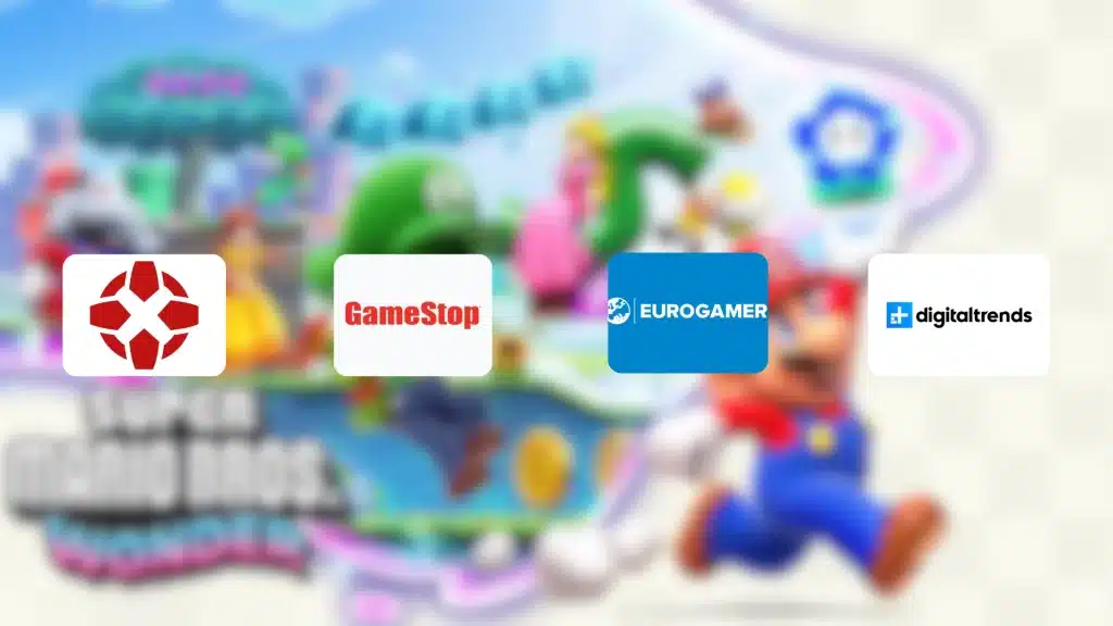 Four logos of gaming review outlets including IGN, GameStop, Eurogamer, and Digital Trends over background of Super Mario Bros. Wonder