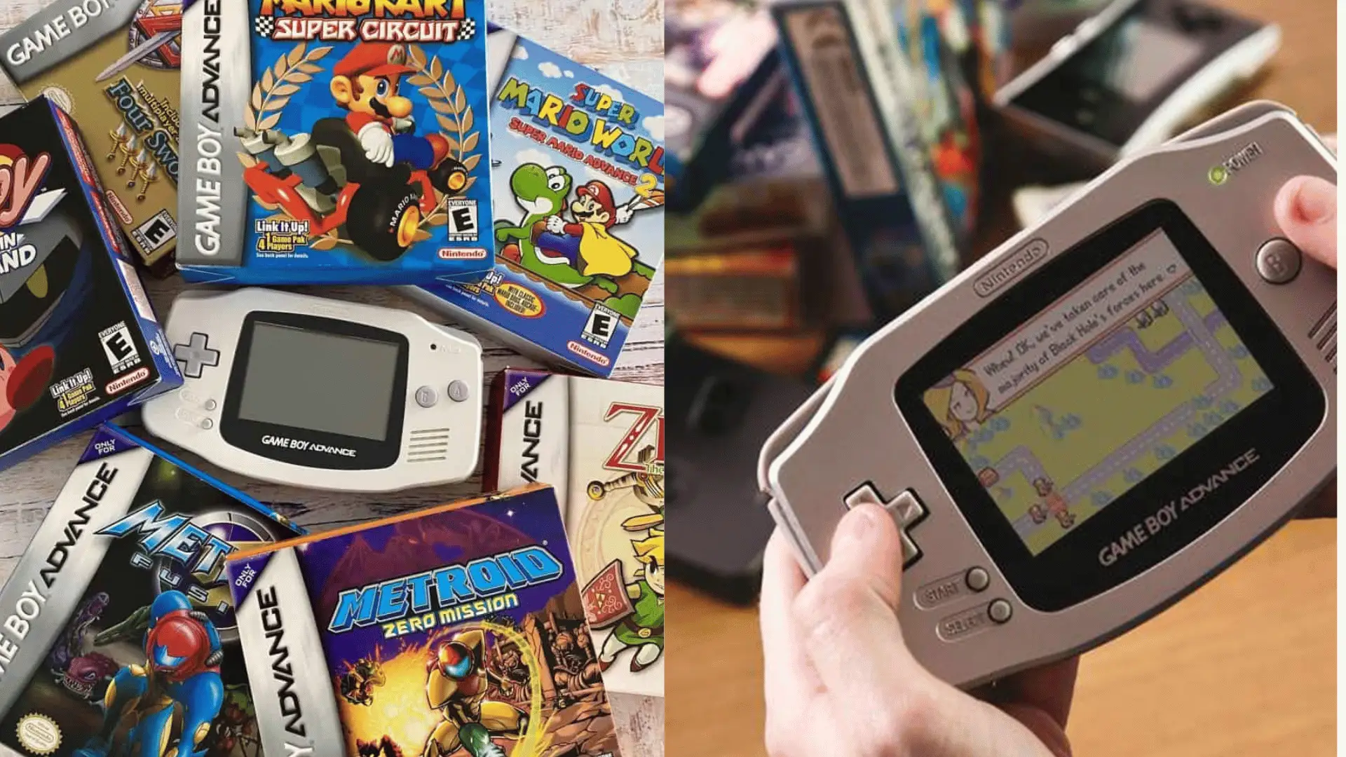 Game Boy Advance with classic game cartridges and boxes, plus a handheld showing gameplay on screen