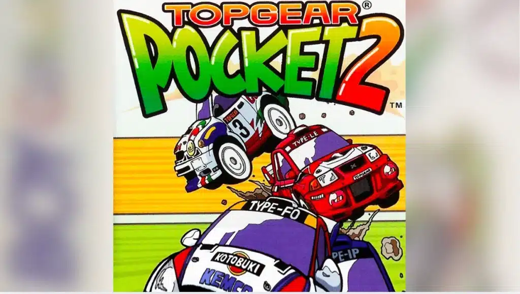 Game Boy Color artwork for Top Gear Pocket 2 showing colorful cartoon rally cars racing and jumping on a bright track